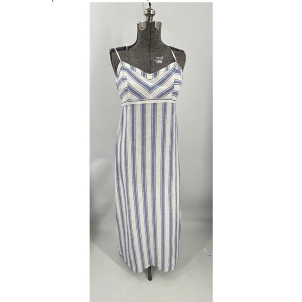 CC California 100% linen, spaghetti strap blue white stripe, maxi dress 6
